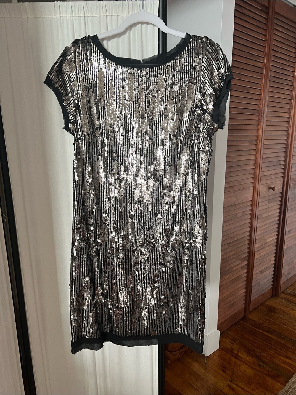 Vince Camuto Silver Sequin Mini Dress with Black Trim